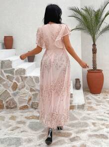 DAZY Women's Sequin Mesh Cap Sleeve Dress Wedding Women Dresses Luxury Prom Dress Sparkly Dress - Pink - View 2