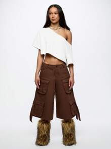 SUMWON WOMEN 露肩短款上衣 做旧毛边 不对称短袖 节日 Y2K 垃圾摇滚 夏季海滩派对 休闲街头服饰 - 白色 - 查看 3