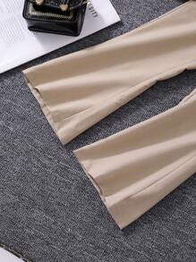 2pcs/Set Young Girls Puff Sleeve Layered Splice Top And Solid Color Flared Cropped Pants Suit - Khaki - View 5