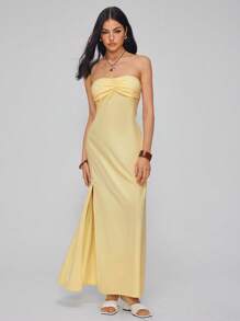 Roylia Beige Strapless Woven Side Slit Invisible Zipper Elegant Dress