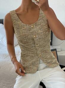 Livesso 女士春季新款法式方领收腰修身吊带格纹上衣