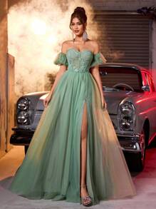 Glamrae Elegant Sage Green Off-Shoulder Lantern Sleeve Lace Waist Sheer Ruffle A-Line Maxi Dress With Side High Slit & Adjustable Strap, Suitable For Date, Vacation, Singles Party, Wedding, School Formal, Formal Evening Gown, For Wedding Guest