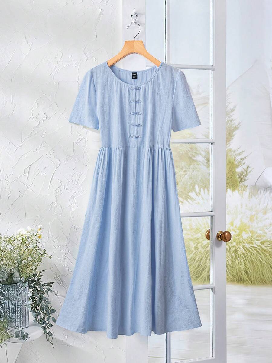 Rusticease Women's Mid-Length Short Sleeve Solid Color Dress, Fashion All-Match Buttoned Versatile Summer Wear,Shirt Dresses For Women - Baby Blue - View 1