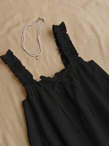 Flirla Vestido mini com babados em A-line, com alças grossas, vestido casual de boneca em cor sólida, verão - Preto - Visão 4
