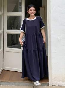 Dazy Plus Contrast Color Block Round Neck Short Sleeve Loose Fit Ankle Length Knitted Dress, Summer Women Plus Black Dress,Casual Women Dresses