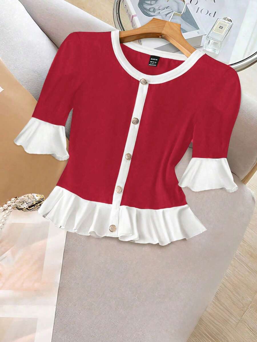 SHEIN Clasi 女士优雅休闲短袖 T 恤，圆领，仿门襟，领口、袖口和下摆撞色拼接，黑白，春夏 - 彩色 - 查看 1