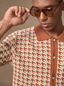 男士棕色针织人字纹提花针织短袖弹力修身 Polo 领衬衫，适合夏季、度假、日常休闲、派对、情侣、男士礼物 - 摩卡棕 - 查看 3