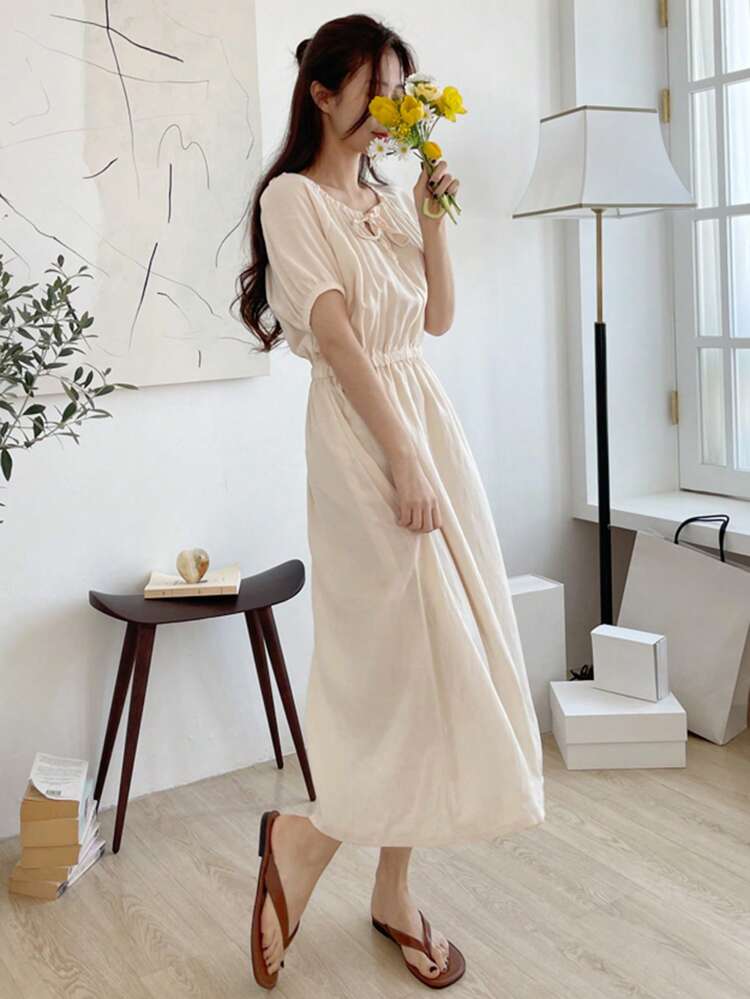 Solid Color Lace-Up Off-Shoulder Short Sleeve Cinched Waist Elegant Long Dress For Women, Apricot,Casual Women Dresses