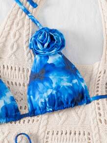 Swim Vcay Floral Print Handmade 3D Flower Decorated Women Bikini, Vacation Beach Holiday Party Swimwear, Summer - Blue - View 4