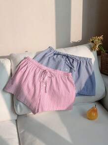 Comfortcana 2pcs Women Casual Button Tie Knot Striped Shorts Set, Suitable For Summer Suitable For Going Out - Multicolor - View 3