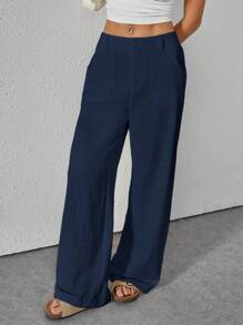 SHEIN PETITE Pantaloni morbidi e ampi in vita bassa, tinta unita, casual
