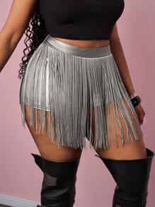 Slaydiva SLAYR PLUS Music Festival Black Fringe PU Elastic Knit Mini Shorts, Plus Size