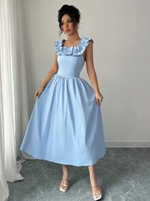 Elenzga 女士优雅时尚通勤淑女迷人休闲舒适假日无袖荷叶边领收腰 A 字下摆后背蝴蝶结纯色连衣裙