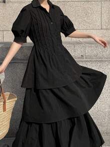 FRIFUL Women's Puffy Sleeve Waist Cinched Multi-Layered Midi Dress, Solid Color,Ruffle - Black - View 2