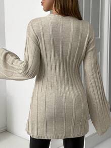 休闲圆领宽松罗纹针织侧开衩喇叭袖毛衣 - 杏色 - 查看 2