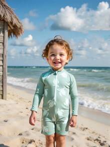 SHEIN Baby Boys Turtle Print Raglan Long Sleeve One-Piece Swimsuit With Sun Hat, Baby Boy Beach Clothes