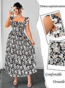 SHEIN Clasi Kleid in Große Größen mit V-Ausschnitt, geraffter Taille, ausgestelltem Saum und Spitzen-Schulterdetails, kleines Blumenmuster, geeignet für Urlaub, Ausflüge, Partys, Dates - Verschiedenfarbig - Übersicht 8
