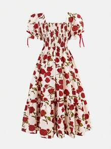 SHEIN Leap Crew Tween Girl Casual Ditsy Floral Square Neck Short Sleeve Dress - Red - View 2