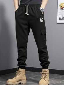 Casual Black Cargo Pants For Teen Boys, Suitable For Sports, Street, Punk, Rock, College-Style Outings, Parties, Music Festivals, Suitable For Spring/Summer - Black - View 1