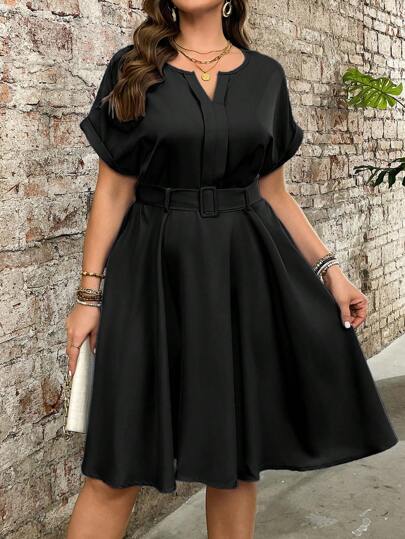 SHEIN Clasi 大码休闲度假小V领束腰酒红色连衣裙