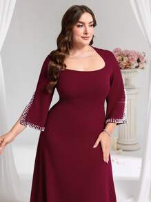 Coutiva Đầm dạ hội trang trọng cổ vuông ôm sát đính hạt cỡ lớn, Đầm dự tiệc, Váy dài, Dành cho khách dự tiệc cưới - Màu Đỏ Sâu - Xem 7