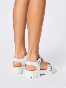 ROMWE Grunge Punk Women White Open Toe Platform Sandals, 4.5cm Thick Sole, Punk Metal Rivet Star Bat Buckle Decor, Adjustable Hook And Loop Strap, Casual Fashion, Suitable For Daily Wear, Students, Beach - White - View 7