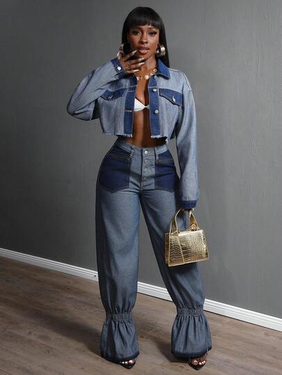 Slaydiva 女式夏季休闲撞色流苏前扣短款牛仔夹克