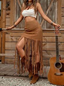 SHEIN LUNE Falda A-Line con bajo con flecos color tostado, adecuada para festivales de música country, primavera/verano