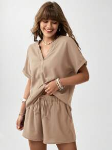 SHEIN LUNE 2pcs Women Textured V-Neck Drop Shoulder Pullover Blouse & Drawstring Waist Shorts Set - Khaki - View 4