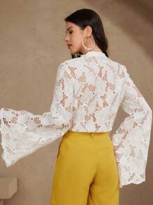 DAZY Women Lace Collar Flare Sleeve Solid Sheer Button Front Blouse,Fall Women Clothes Long Sleeve Top - Beige - View 2
