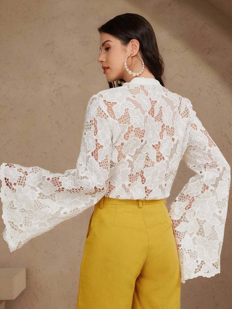 Women Lace Collar Flare Sleeve Solid Sheer Button Front Blouse,Fall Women Clothes Long Sleeve Top