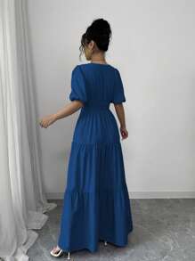 Rafferiza 优雅休闲 V 领褶饰荷叶边下摆泡泡袖连衣裙，春夏新款紫色女士长裙 - 水鴨藍 - 查看 2