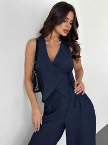 Firerie Festival New Spring/Summer Elegant Minimalist Linen Color Wrap Tie Belt Waistcoat & High Waist Pleated Wide Leg Pants Suit Set, Office Commuting