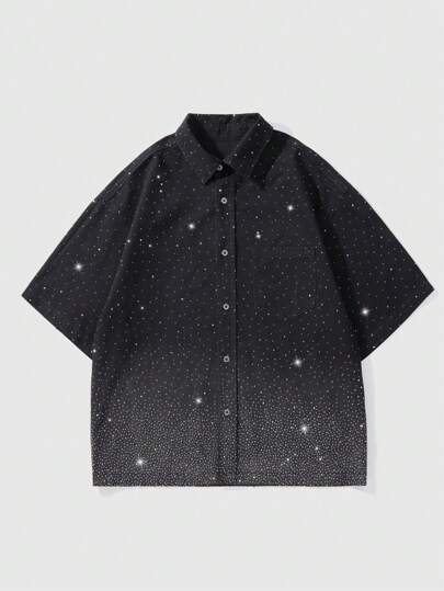 ROMWE Avant Men's Avant Fashionable Rhinestone Embellished Button-Front Denim Jacket