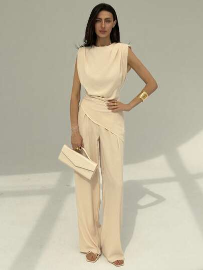 Aloruh Conjunto de dos piezas para uso diario para mujer, traje de oficina de color beige/albaricoque, de corte elegante y estilizado con hombros anchos, parte superior asimétrica + pantalones