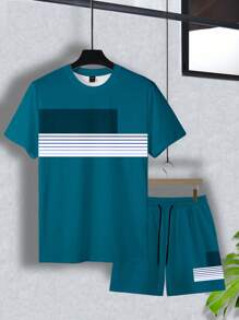 Manfinity Homme Men's Summer Casual Colorblock Striped T-Shirt & Shorts Set - Multicolor - View 3