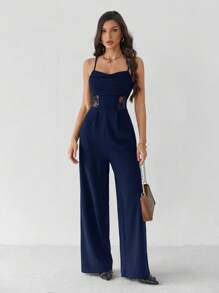 SHEIN Tall 夏季垂坠领黑色连体裤，复古蕾丝镂空，阔腿连体裤，婚礼女士连体裤，秋冬连体裤，教师服，老款风格连体裤，商务休闲连体裤，早午餐连体裤，外出连体裤，正式连体裤 - 藏蓝色 - 查看 1