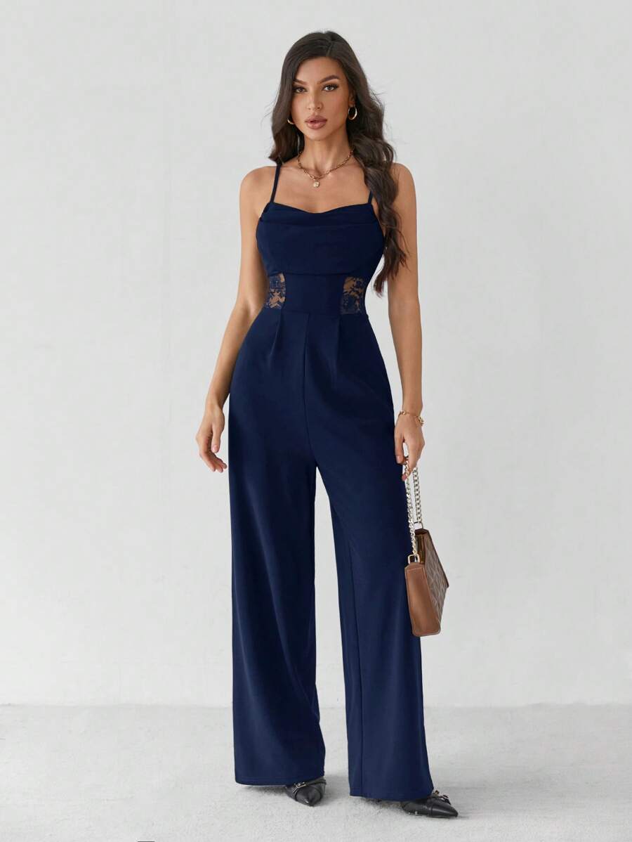 SHEIN Tall 夏季垂坠领黑色连体裤，复古蕾丝镂空，阔腿连体裤，婚礼女士连体裤，秋冬连体裤，教师服，老款风格连体裤，商务休闲连体裤，早午餐连体裤，外出连体裤，正式连体裤 - 藏蓝色 - 查看 1