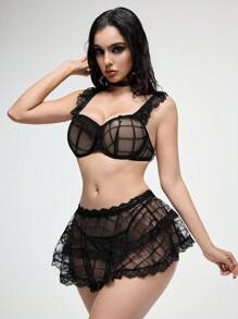 ROMWE Goth Set de 3 piezas de lencería sexy con estampado escocés oscuro y gótico