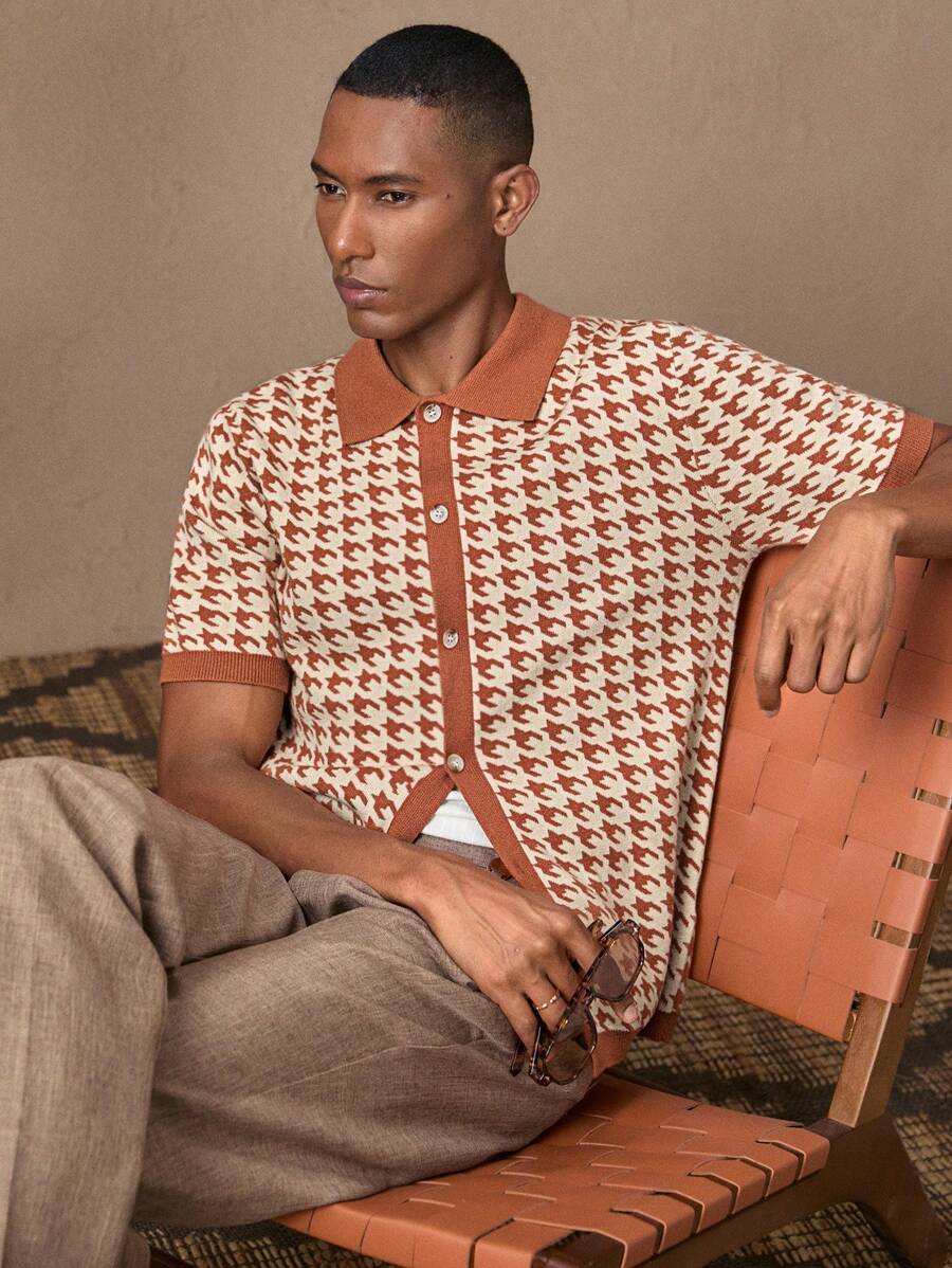 男士棕色针织人字纹提花针织短袖弹力修身 Polo 领衬衫，适合夏季、度假、日常休闲、派对、情侣、男士礼物 - 摩卡棕 - 查看 1