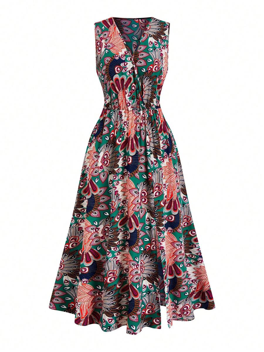 SHEIN Clasi Plus Size Women's Boho Style V-Neck Floral Print Dress - Green - View 1