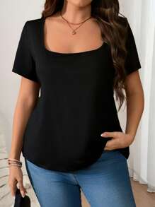 SHEIN Clasi 黑色加大码女式修身 T 恤，镂空后背带设计，时尚休闲短袖 T 恤，适合日常休闲穿着、郊游、通勤、外出、约会和派对 - 黑色 - 查看 9