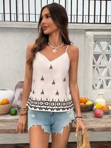 SHEIN Frenchy Women's Geometric Boho Indigo Lace Cami Top, Fashion Holiday Style, Everyday Casual Top Summer Vacation - Beige - View 7