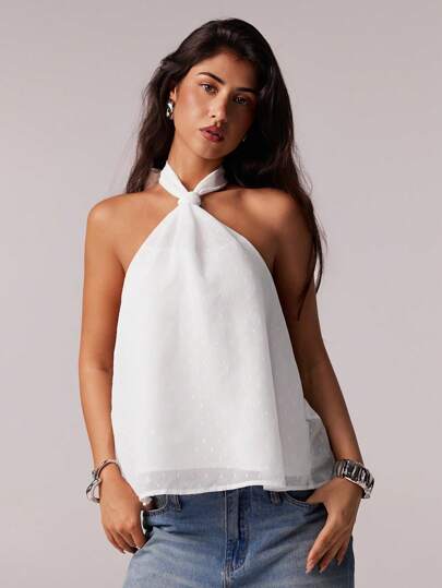 SHEIN Forever 21 Women's Solid Color Twist Design Casual Loose Halter Neck Tank Top