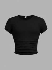 3pcs Tween Girls Slim Fit Casual Solid Color Crewneck Ruched Short Sleeve T-Shirts Set, School, Campus, College - Dark Grey - View 7