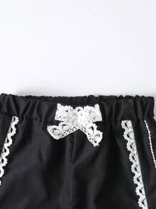 Unlock A Sweet New Style! Spring/Summer Young Girl Printed Vest With Black Trim Paired With Black Lace Trim Pants, Featuring Cute Bow Print And Elegant Lace Trim Details For A Graceful Princess Look, Comfortable And Fashionable 2 Pieces Set,Holiday,Summer,Travel