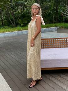 DAZY Vestido de tirantes con textura de lentejuelas metálicas de color contrastante en estilo francés para mujeres, nuevo diseño de nicho elegante para fiesta