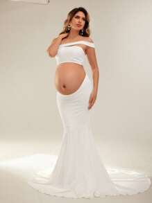 SHEIN Maternity Plain Color Cropped One-Shoulder Top And Adjustable Waist Midi Skirt 2Pcs Set For Photography - White - View 1