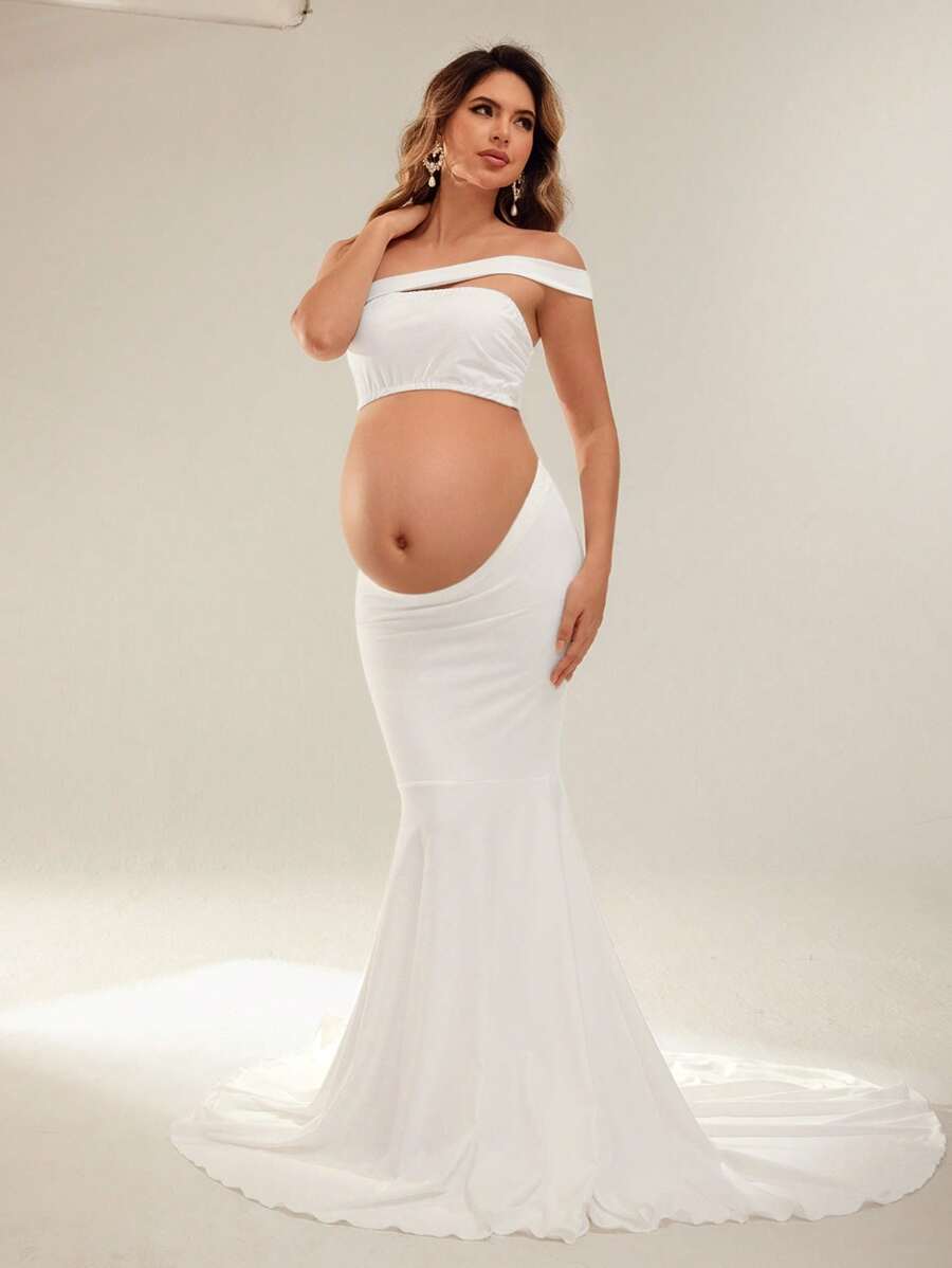 SHEIN Maternity Plain Color Cropped One-Shoulder Top And Adjustable Waist Midi Skirt 2Pcs Set For Photography - White - View 1
