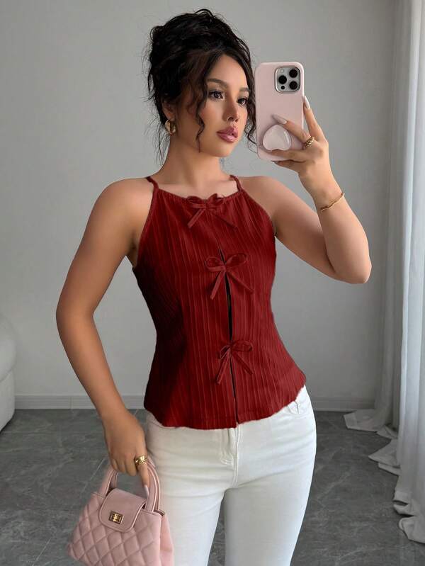 Elenzga Top camiseta ajustada con decoración de lazo rojo para mujer, disfraz de Halloween